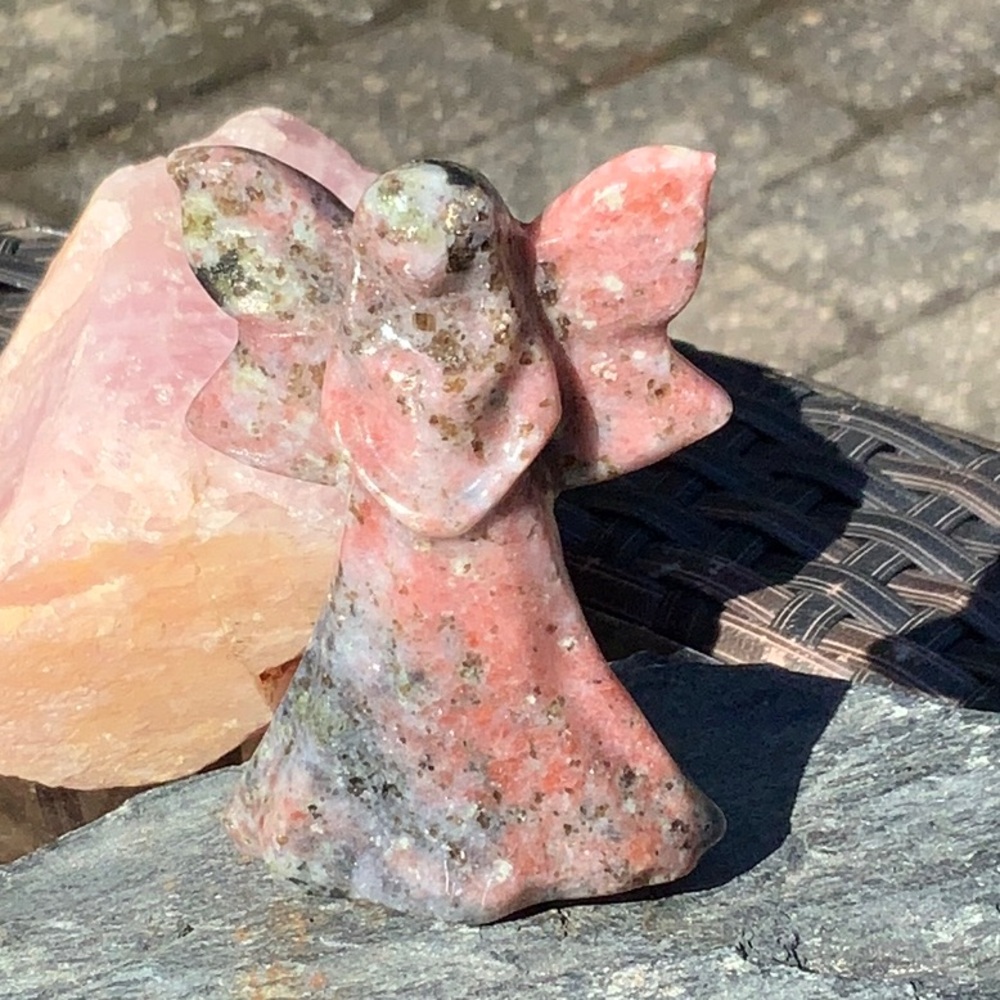BLACK MANGANESE, PYRITE & TOURMALINE HAND CARVED ANGEL